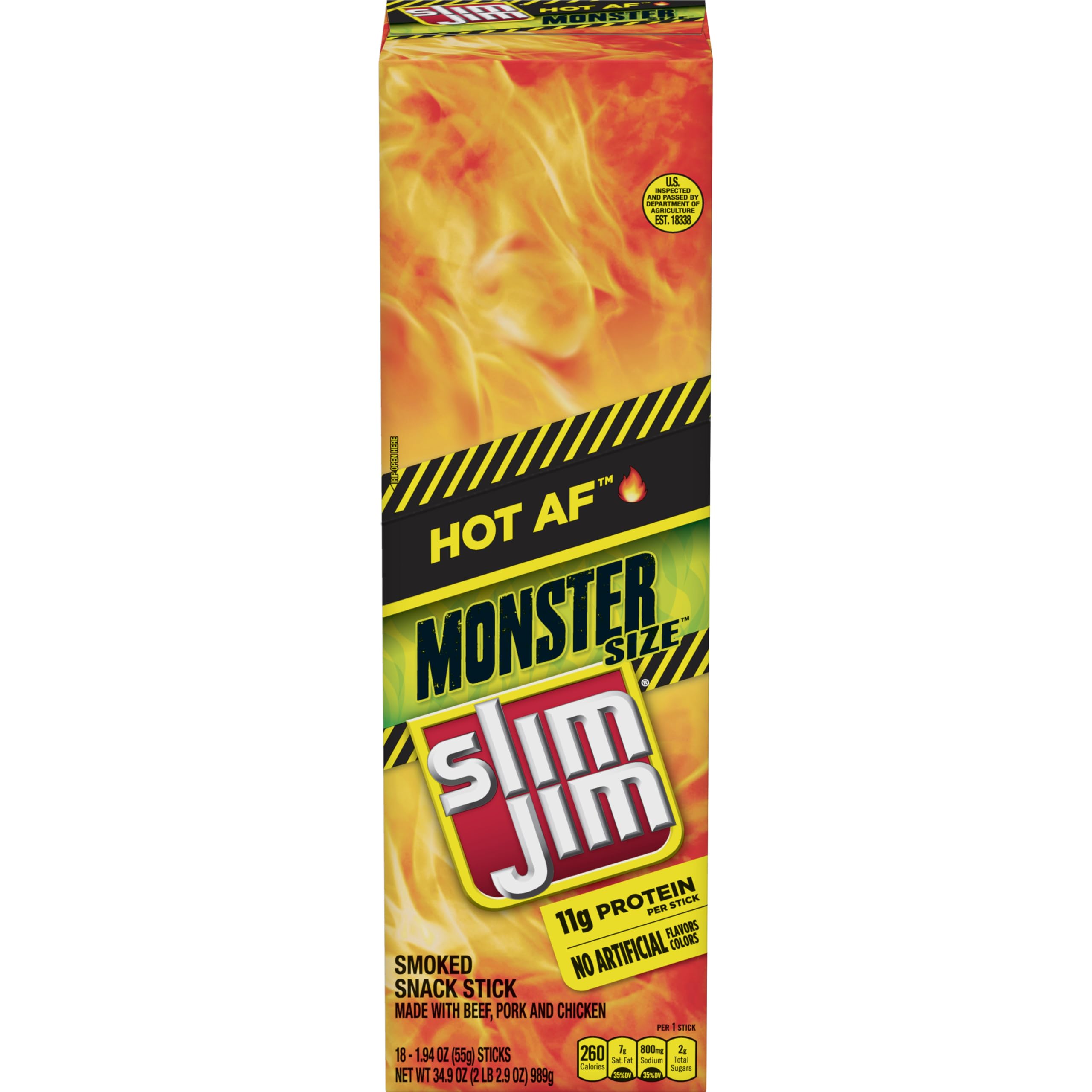 Slim Jim Monster Hot AF packaging highlighting high protein smoked sticks