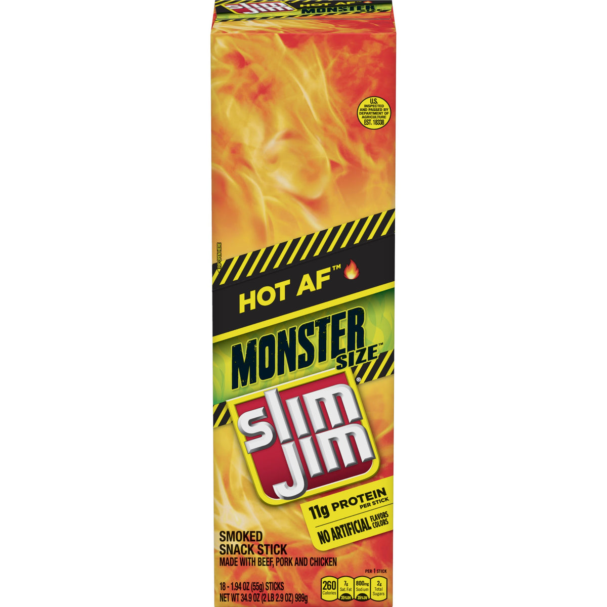 Slim Jim Monster Hot AF packaging highlighting high protein smoked sticks