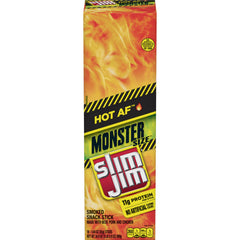 Slim Jim Monster Hot AF packaging highlighting high protein smoked sticks