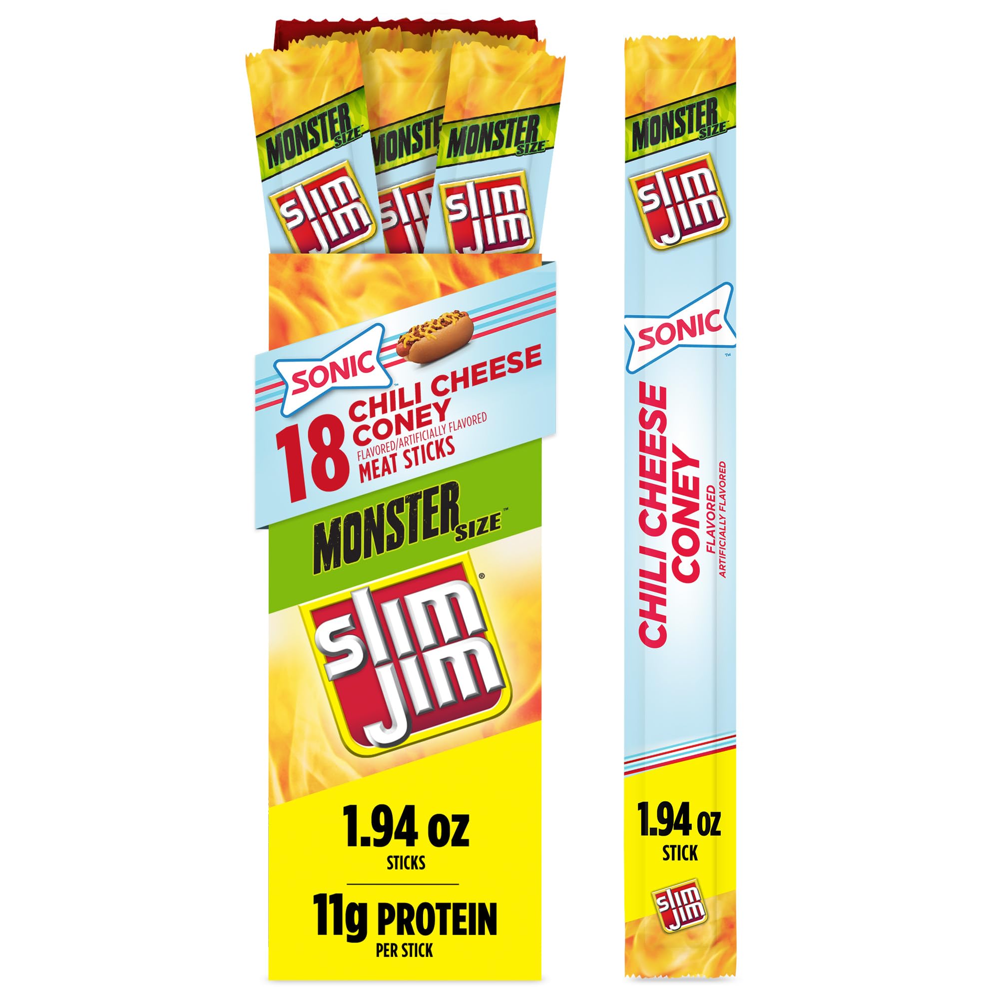 Slim Jim Monster Sonic Chili Cheese Coney packaging front highlights bold flavor for on-the-go snacking.