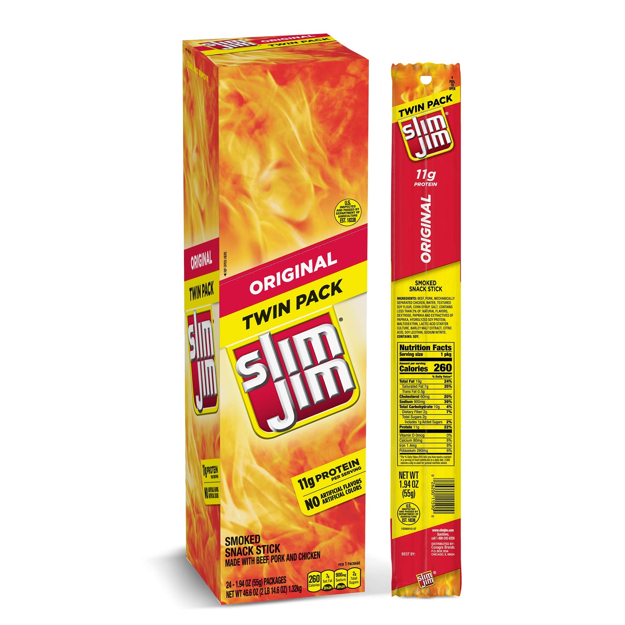 Slim Jim Original Twin Pack box shows a convenient on the go snack for busy days.