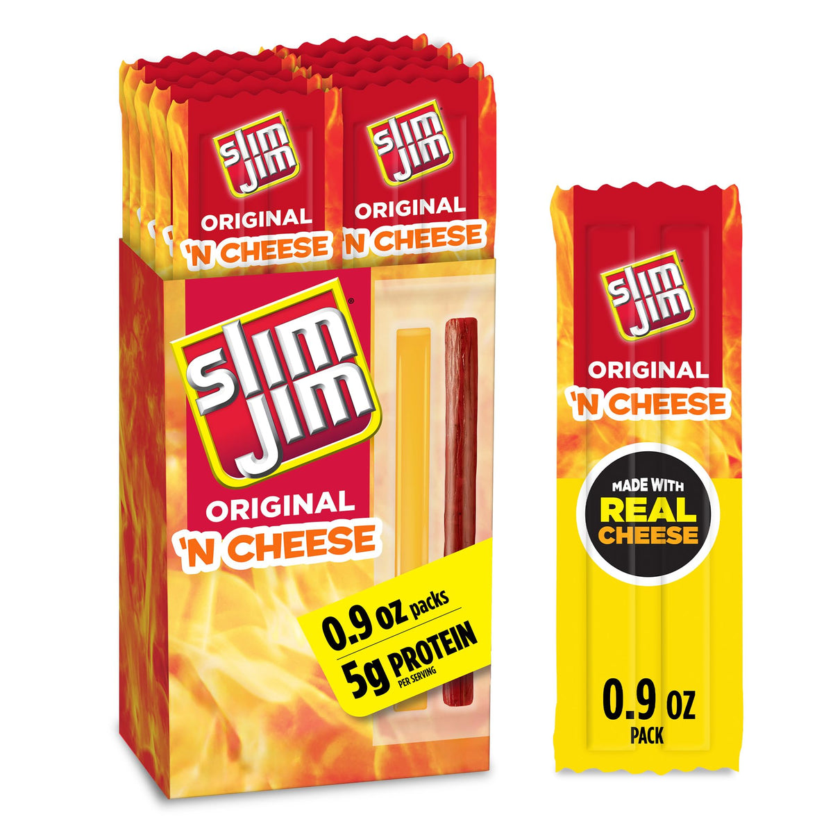 Slim Jim Original 'N Cheese smoked stick close-up shows beefy flavor and cheddar, ideal grab-and-go snack.