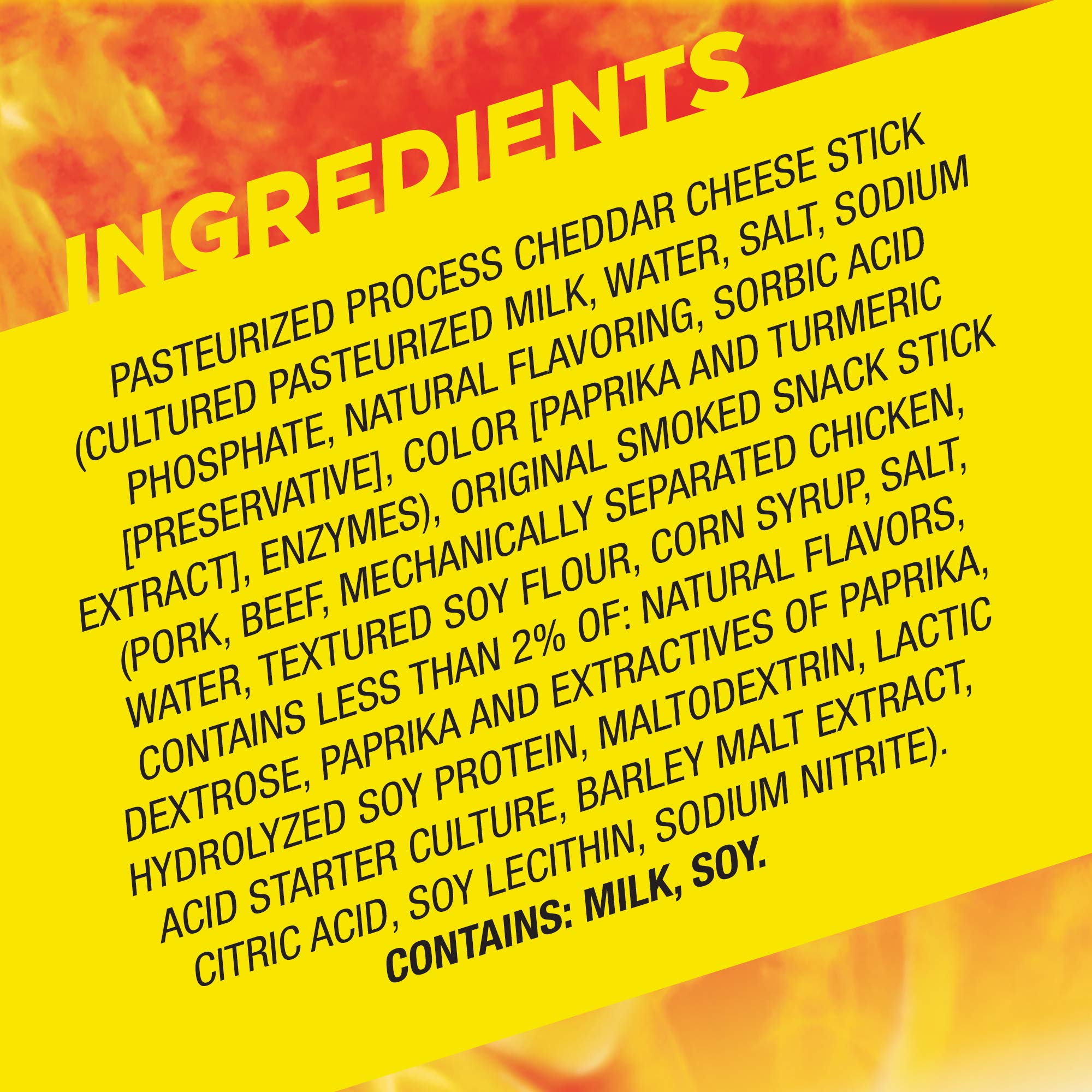 Slim Jim Original 'N Cheese ingredients close-up featuring beef, pork, chicken and cheddar.