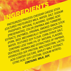 Slim Jim Original 'N Cheese ingredients close-up featuring beef, pork, chicken and cheddar.