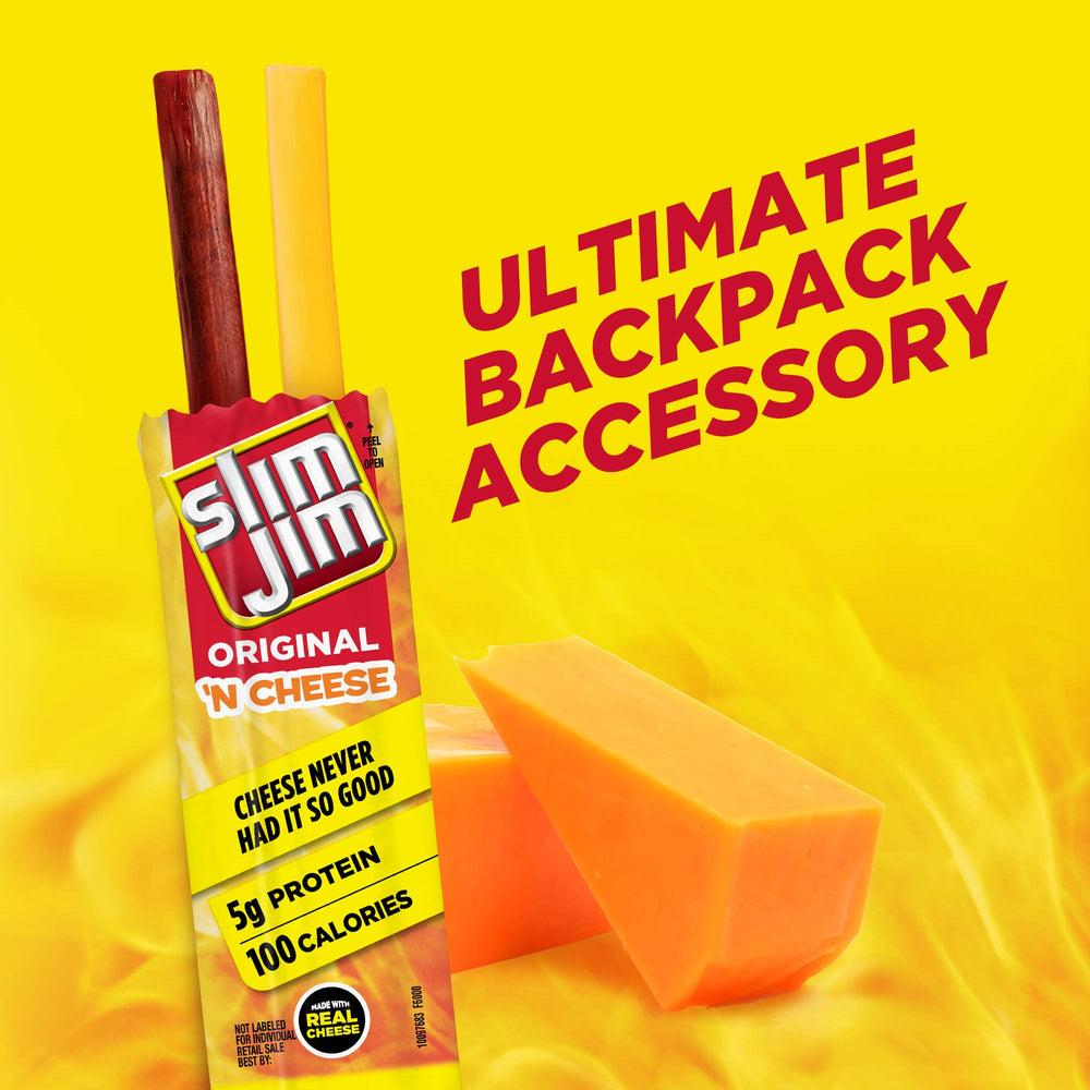 Slim Jim Original 'N Cheese serving idea for quick office or gym snack.