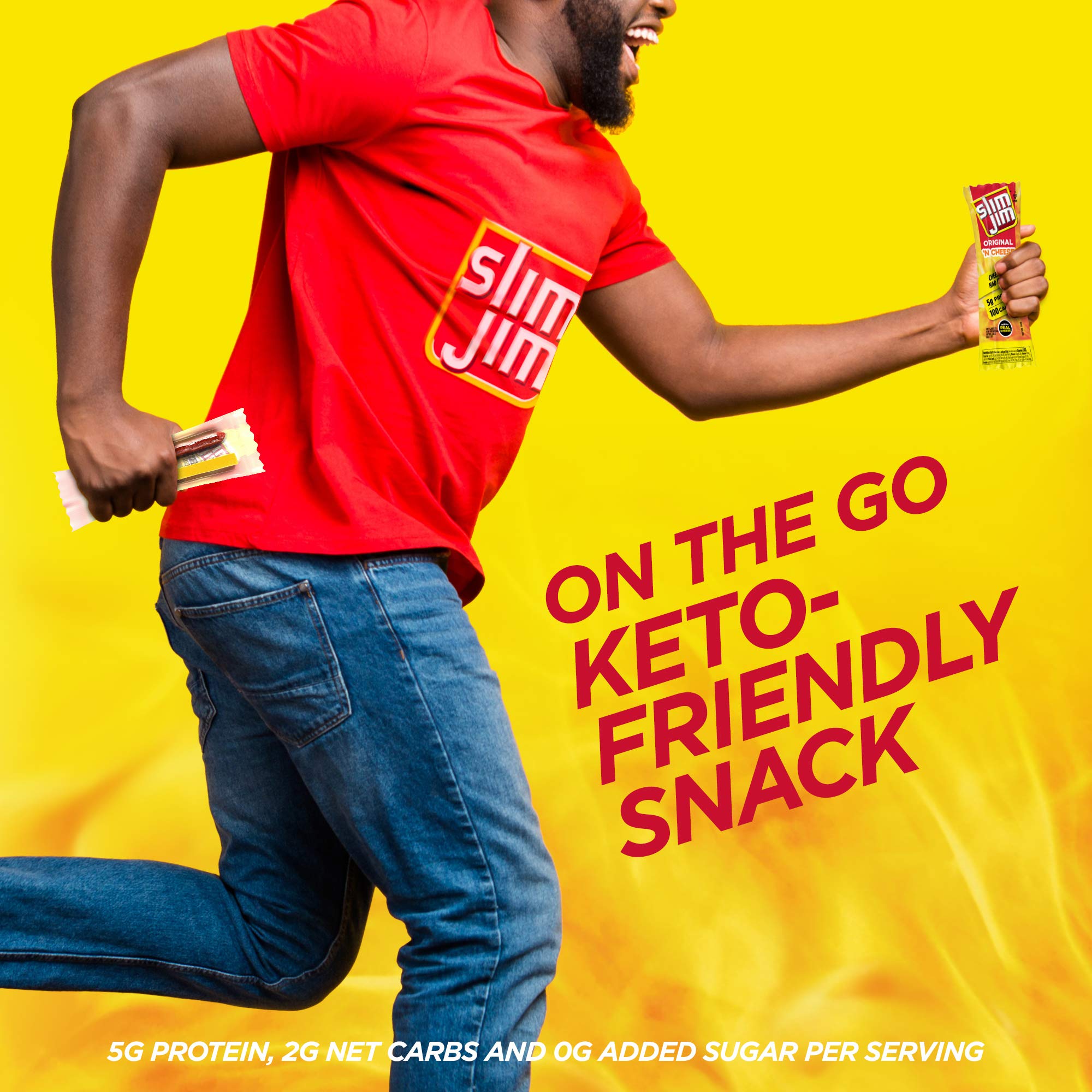 Slim Jim Original 'N Cheese smoky appeal enhances savory snacking.