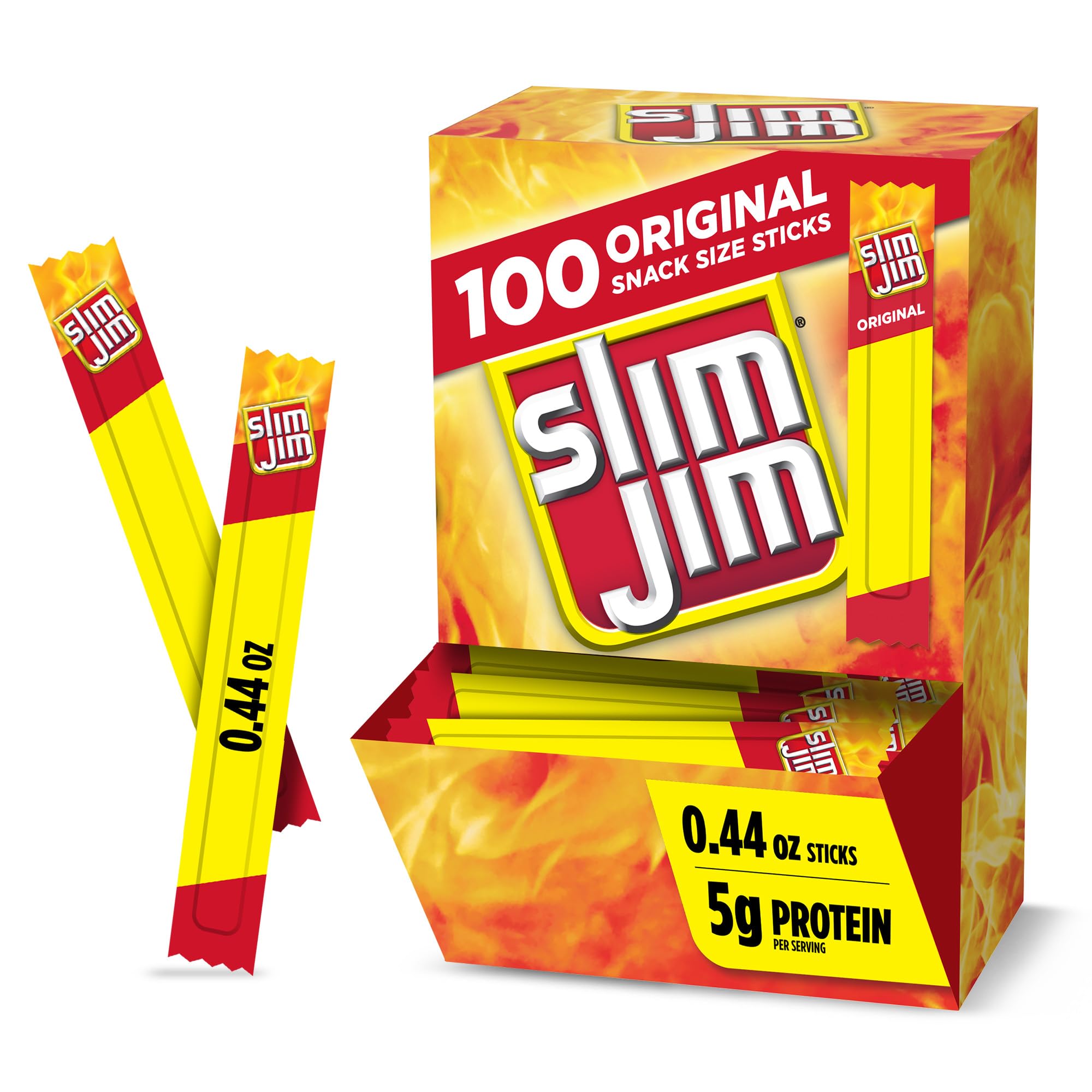 Slim Jim Original smoked meat sticks in a box, portable protein snack for on-the-go.
