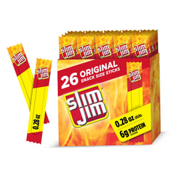 Slim Jim Original smoked snack stick box front for bold on-the-go flavor.