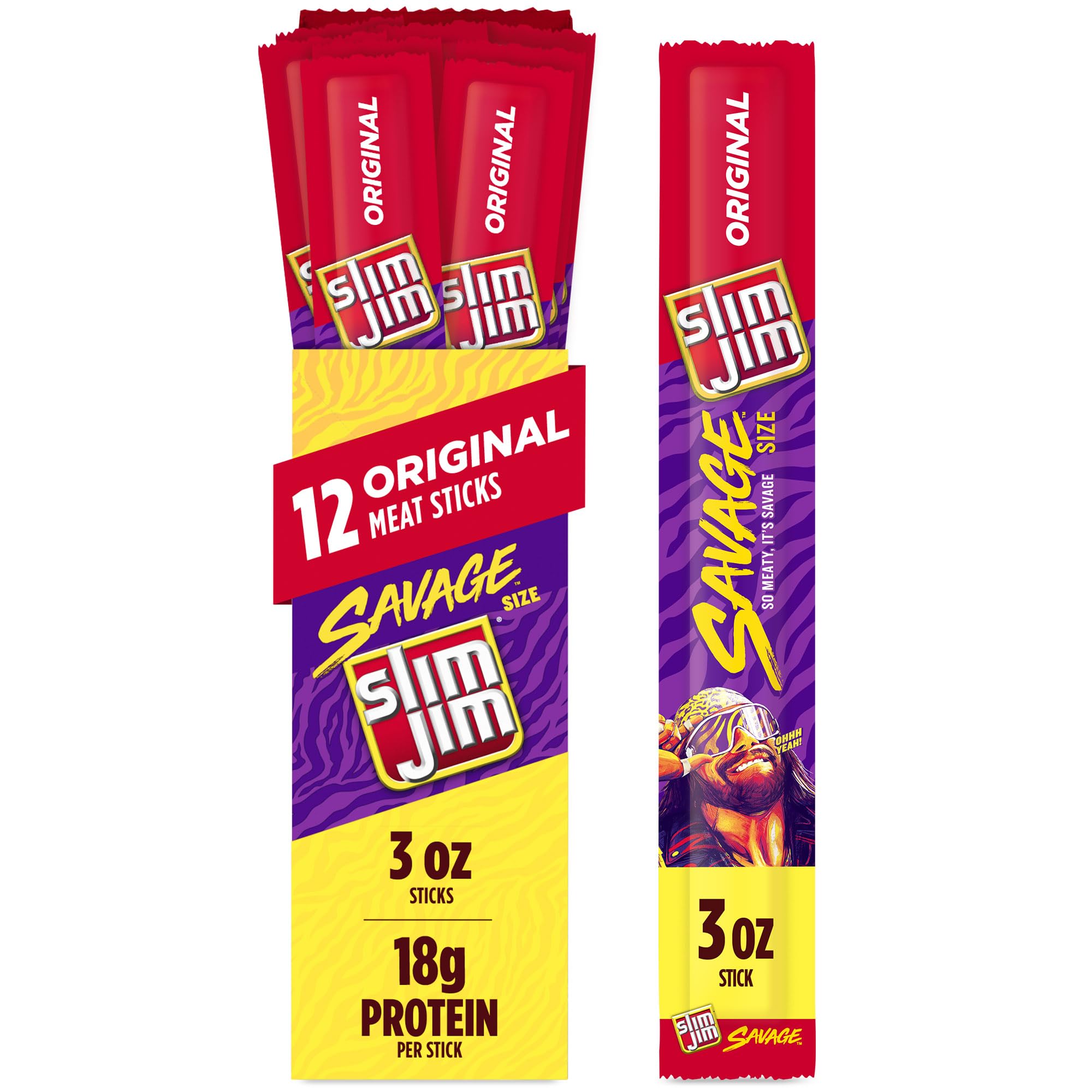 Slim Jim Savage Original box front with bold branding for on-the-go protein.