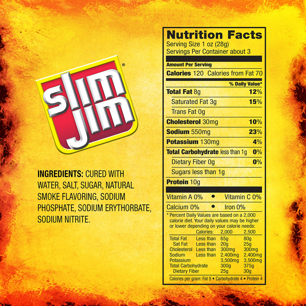 Slim Jim Smoked Bacon Jerky Hickory close-up of chewy texture and protein-packed bite