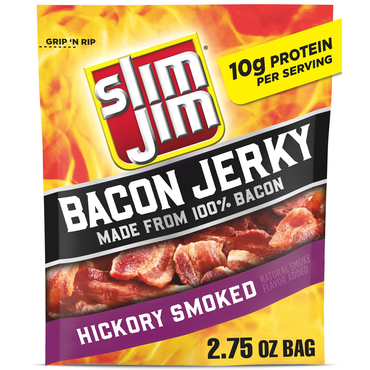 Slim Jim Smoked Bacon Jerky Hickory Flavor pack showing resealable bag for on-the-go snacks