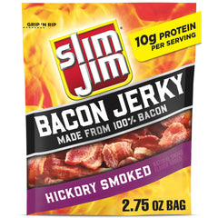 Slim Jim Smoked Bacon Jerky Hickory Flavor pack showing resealable bag for on-the-go snacks