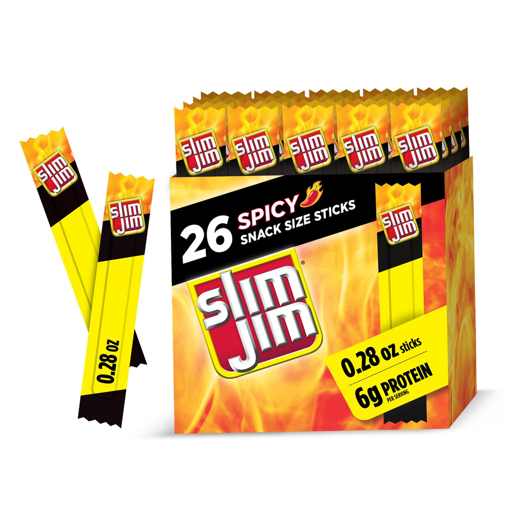 Slim Jim Spicy Snack Size Sticks box front showing bold flavor and convenient packaging.