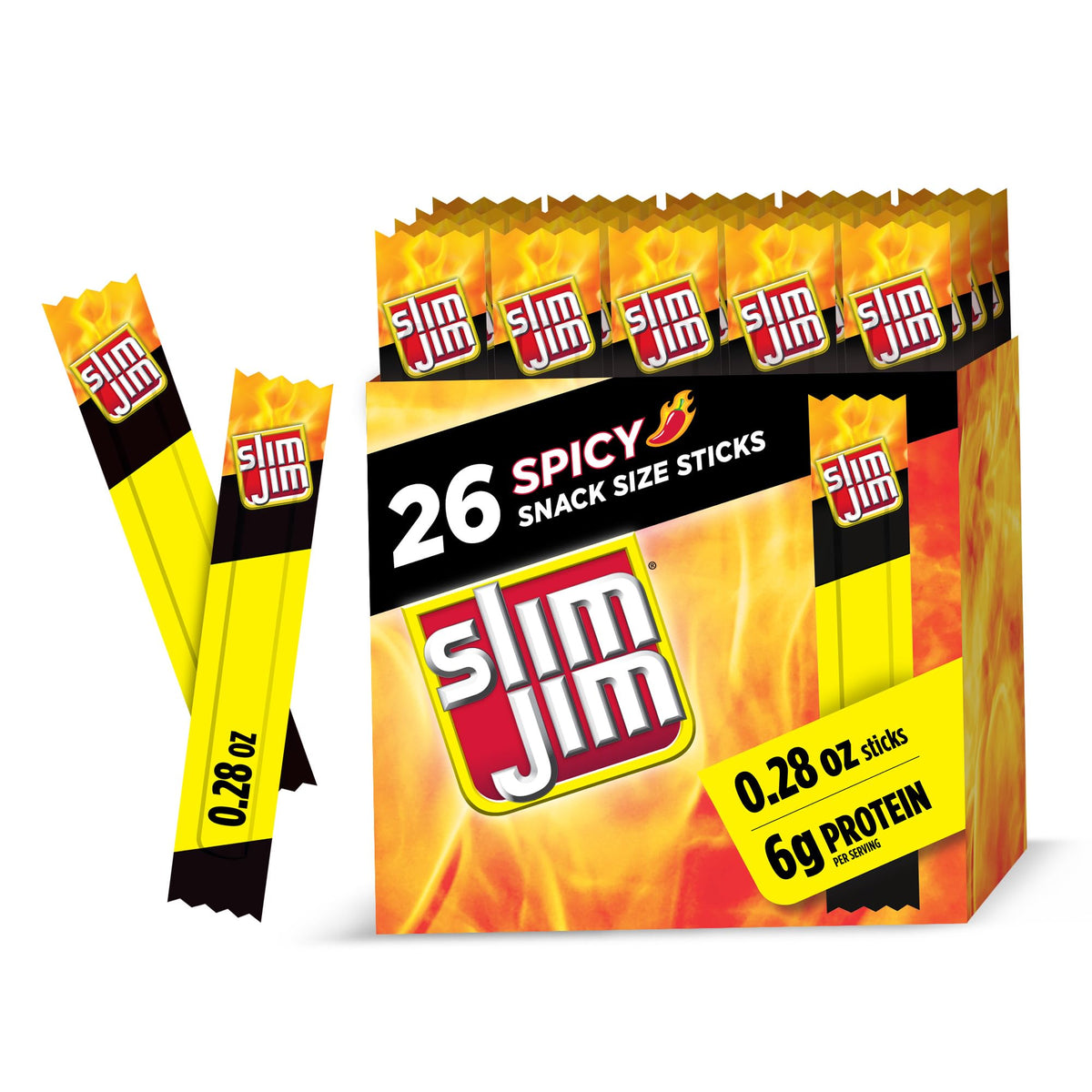 Slim Jim Spicy Snack Size Sticks box front showing bold flavor and convenient packaging.