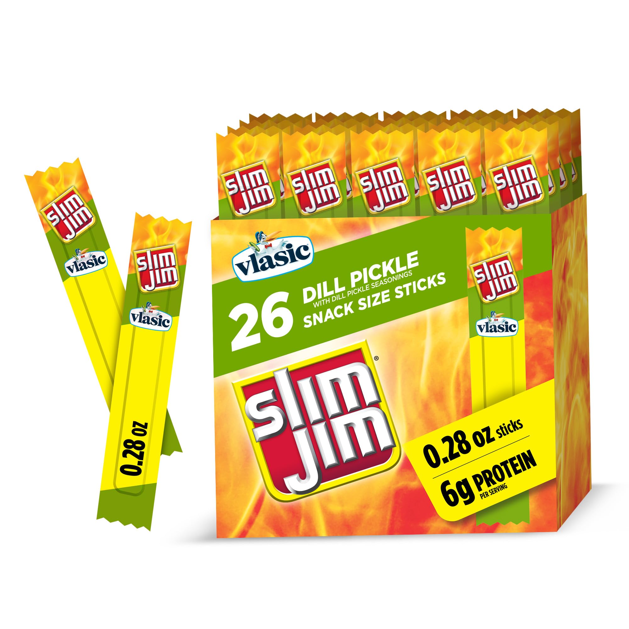 Slim Jim Vlasic Dill Pickle snack-stick box front for bold flavor on the go