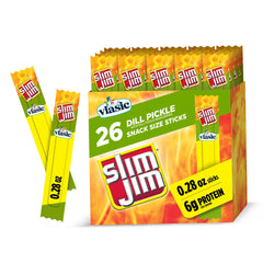Slim Jim Vlasic Dill Pickle snack-stick box front for bold flavor on the go