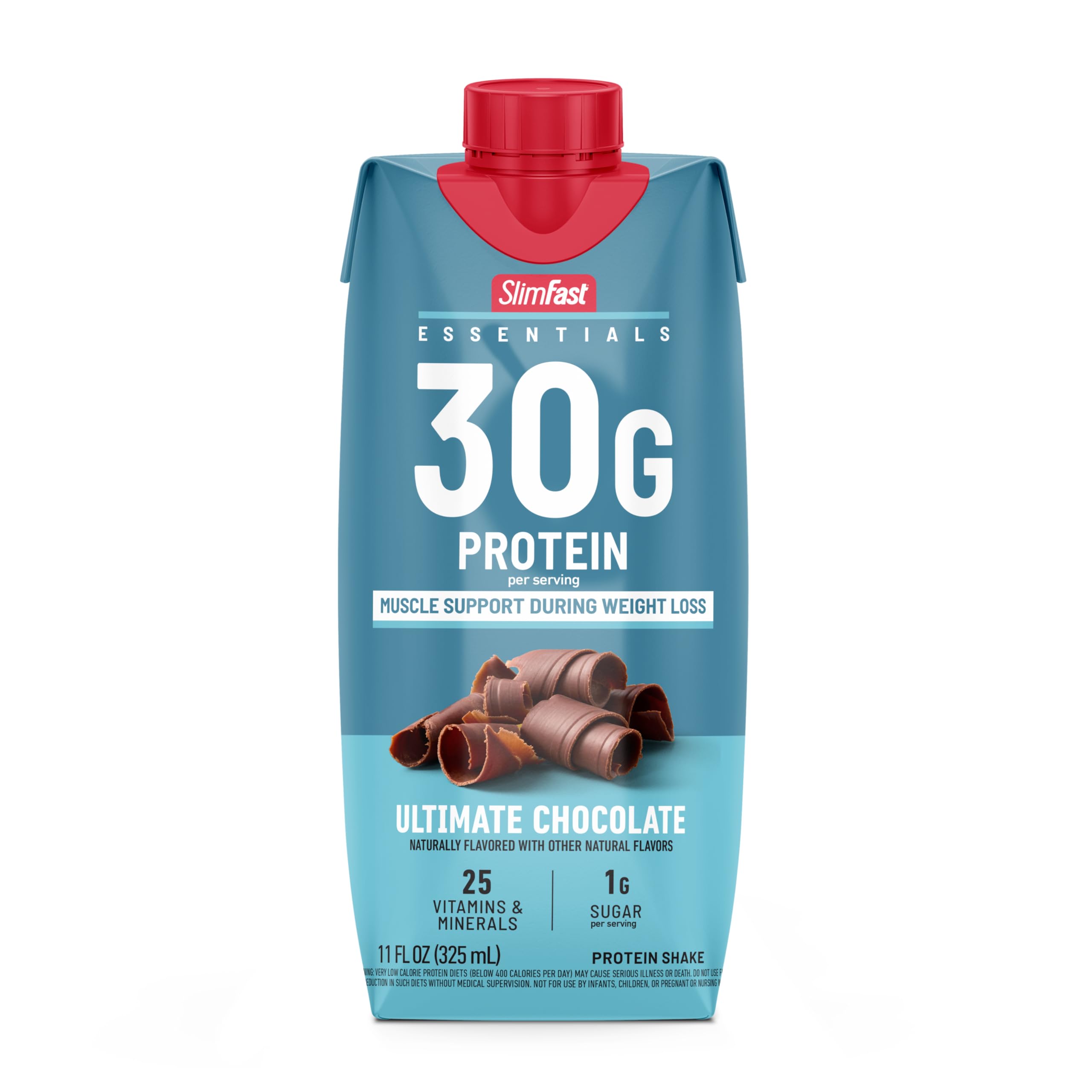 SlimFast Essentials chocolate shake lifestyle shot encouraging balanced snacking.