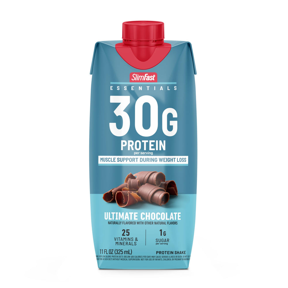 SlimFast Essentials chocolate shake lifestyle shot encouraging balanced snacking.