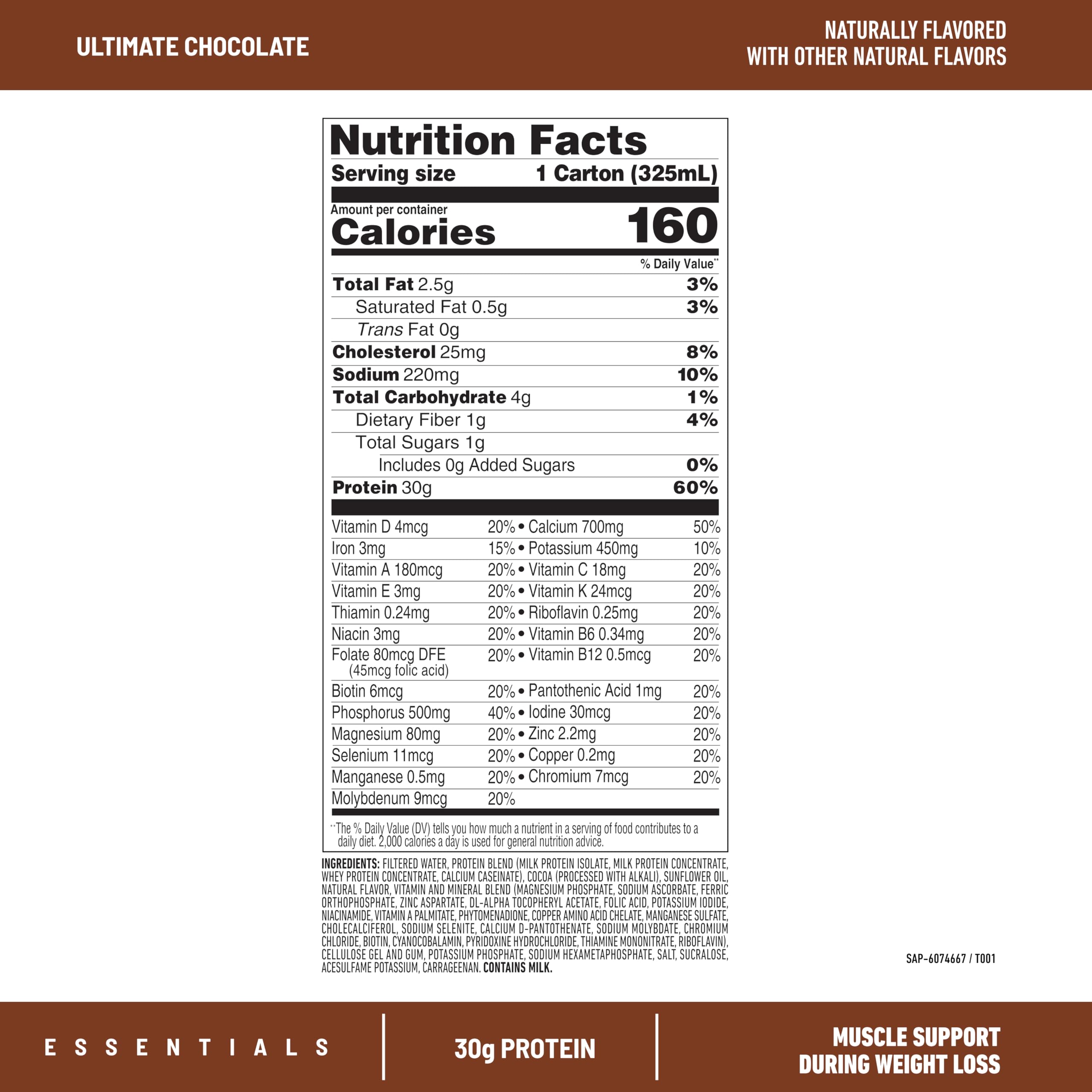 SlimFast Essentials chocolate shake pouring into glass for on-the-go protein.