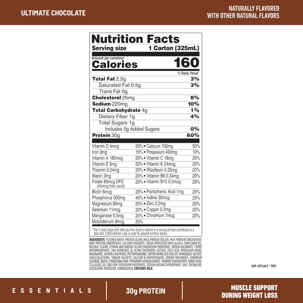 SlimFast Essentials chocolate shake pouring into glass for on-the-go protein.