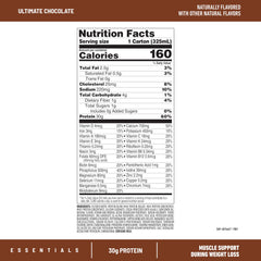 SlimFast Essentials chocolate shake pouring into glass for on-the-go protein.