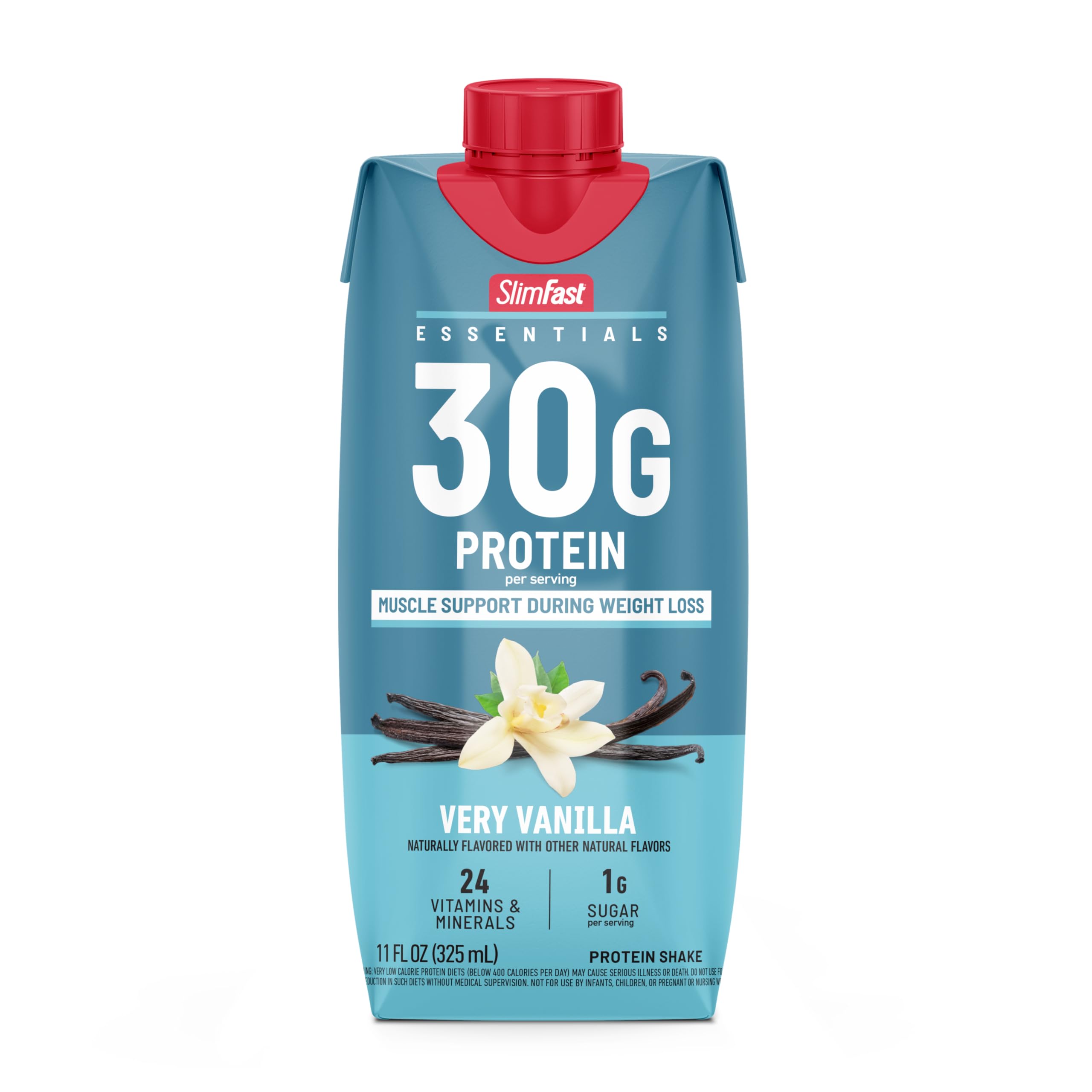 SlimFast Essentials Vanilla bottle beside healthy snack