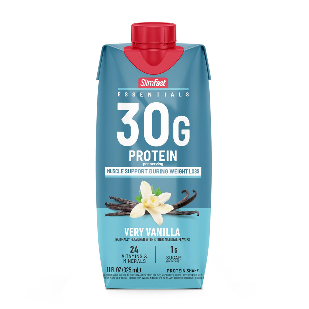 SlimFast Essentials Vanilla bottle beside healthy snack