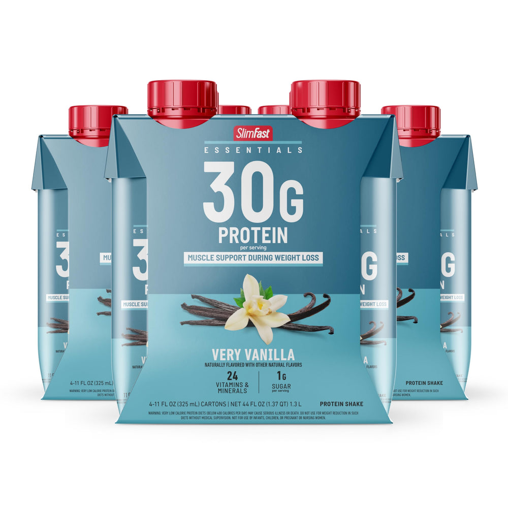 SlimFast Essentials Vanilla protein shake bottle front for grab-and-go mornings