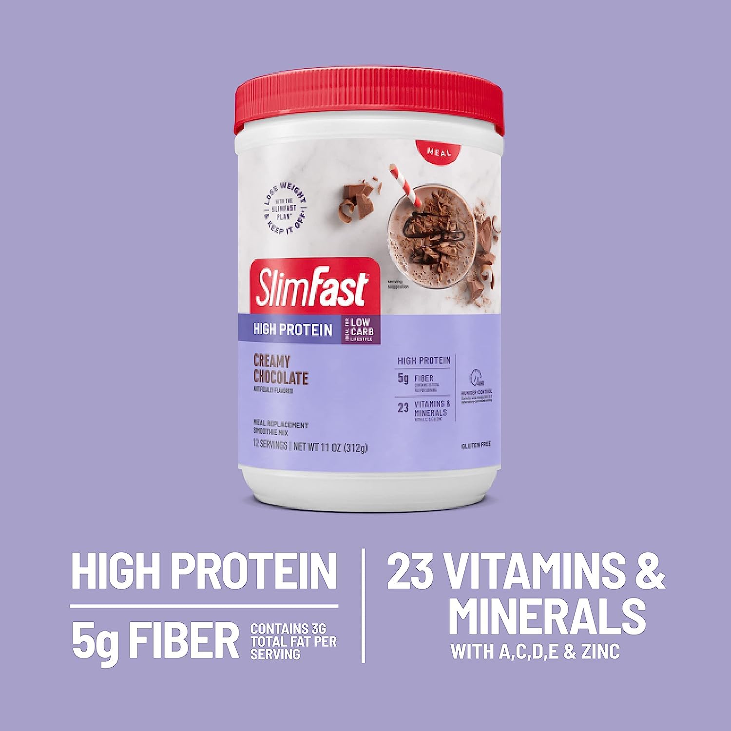 Label highlights SlimFast's 5 g fiber for digestive support.