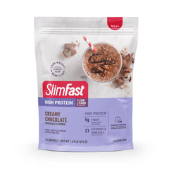 SlimFast high-protein shake poured into a glass for a satisfying meal replacement.