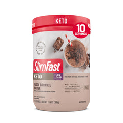 SlimFast Keto shake canister with fudge brownie batter, a convenient keto-friendly meal replacement