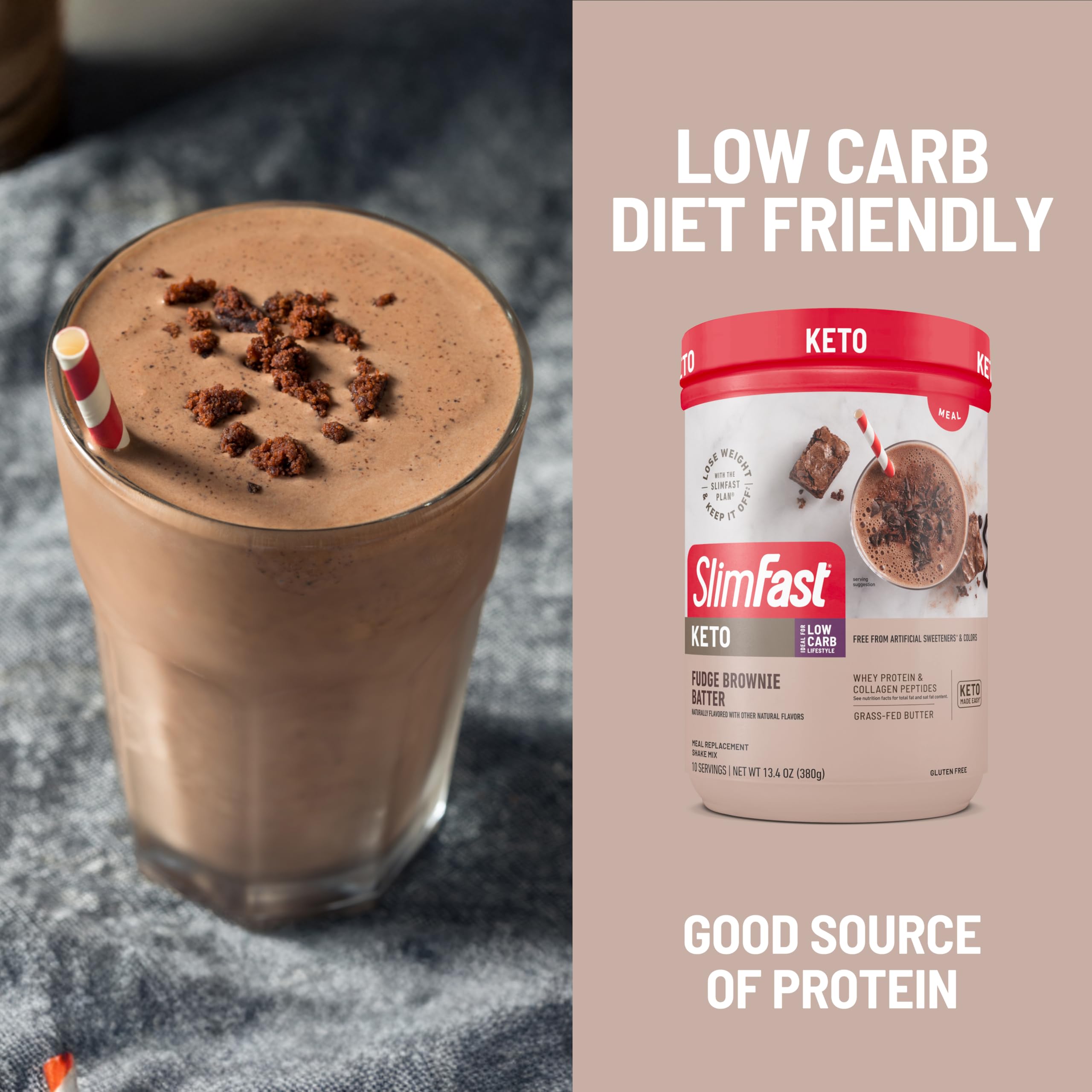 Ingredient panel on SlimFast Keto fudge brownie batter highlighting whey and collagen