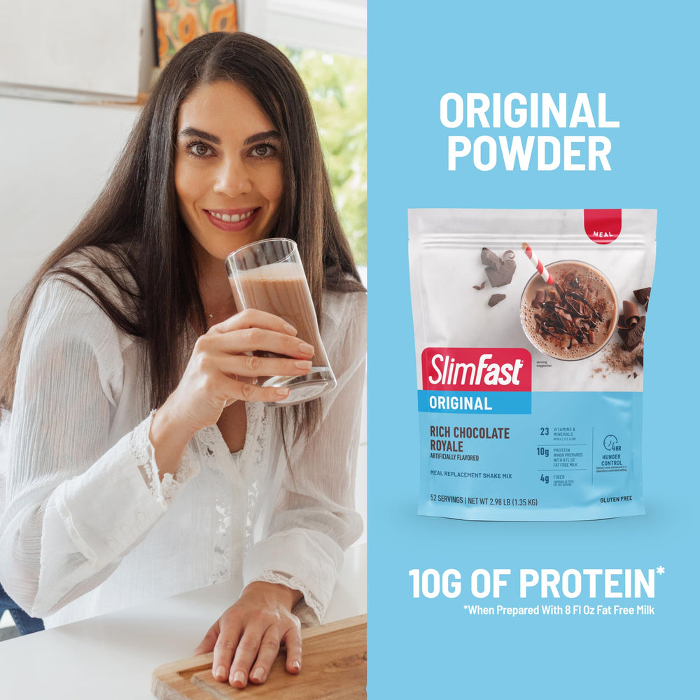 Blended SlimFast Original Chocolate Royale shake in a glass.