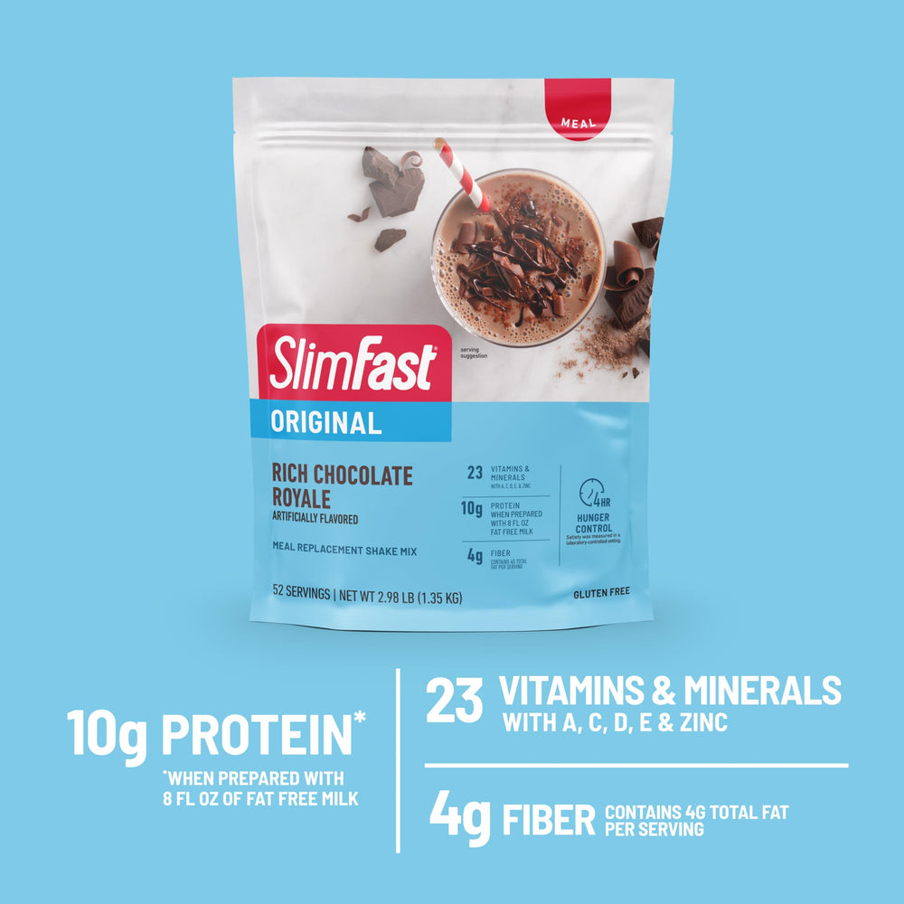 SlimFast Original Chocolate Royale provides fiber and essential vitamins.