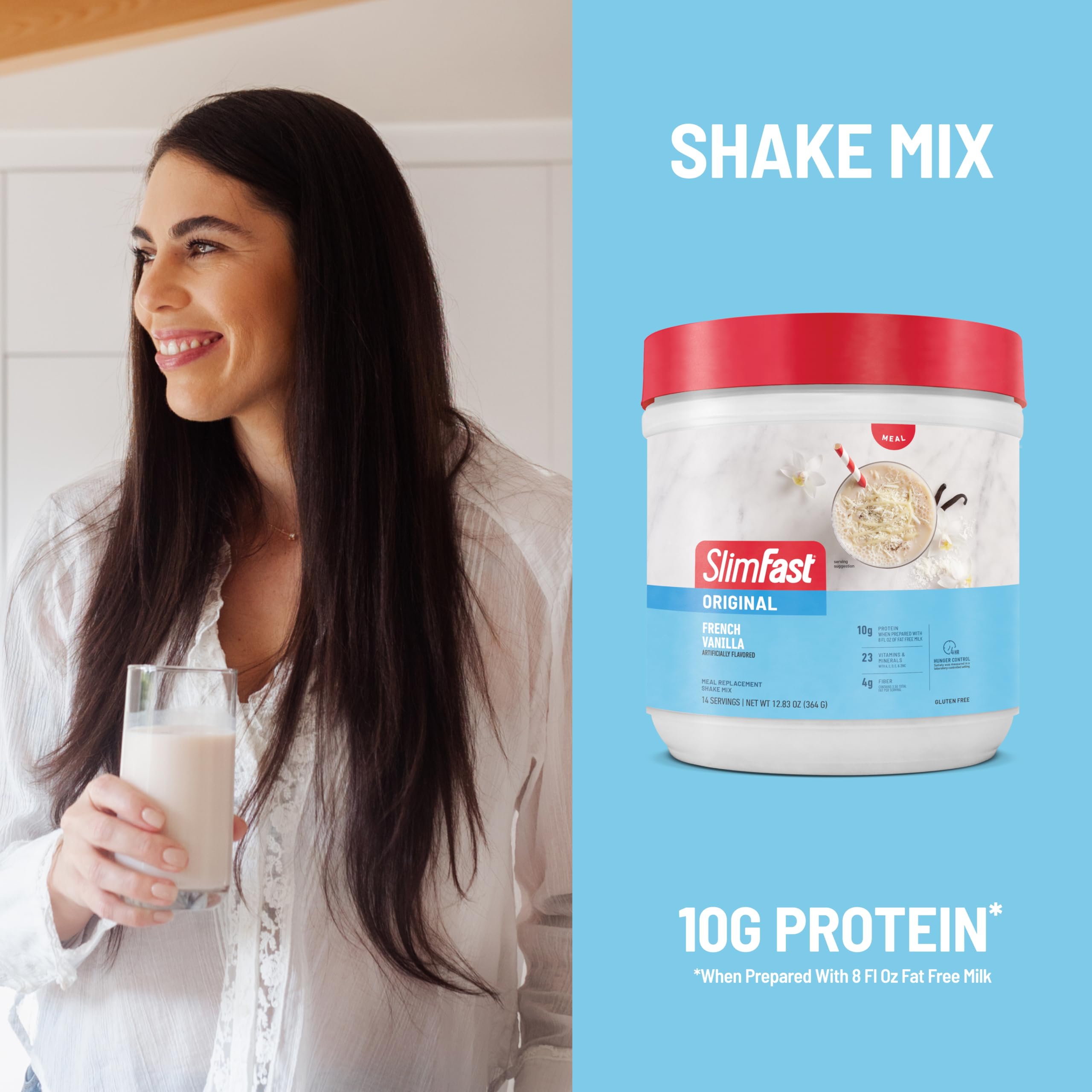 Milk pouring into SlimFast shake for a smooth, satisfying drink