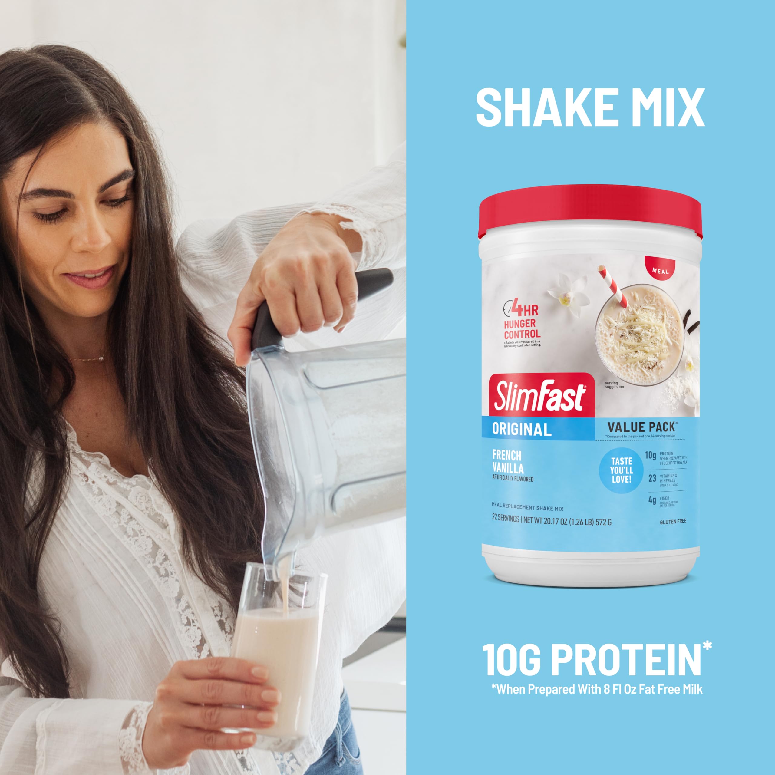 SlimFast Original French Vanilla nutrition facts label highlights vitamins.