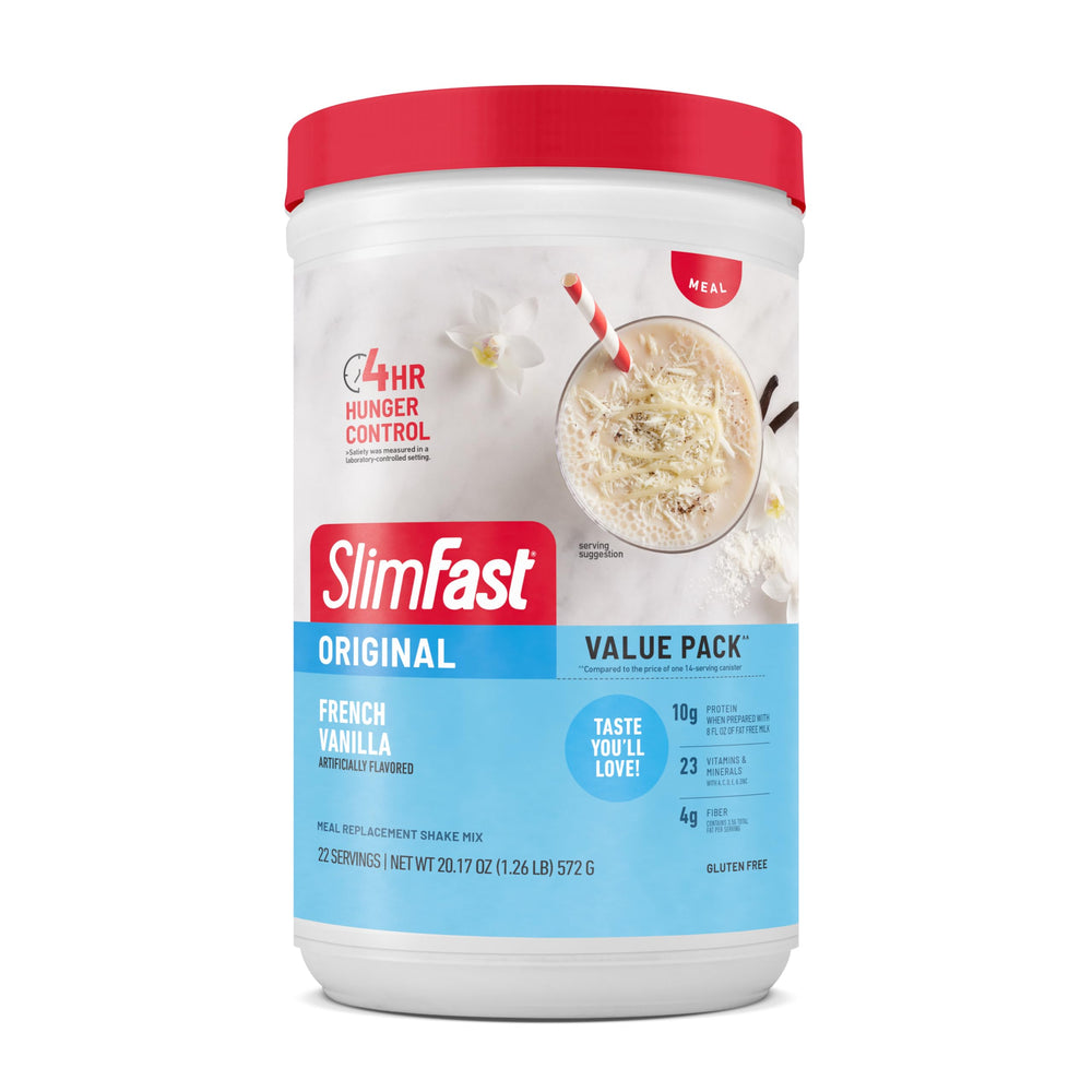 SlimFast Original French Vanilla powder tub for a convenient meal replacement.