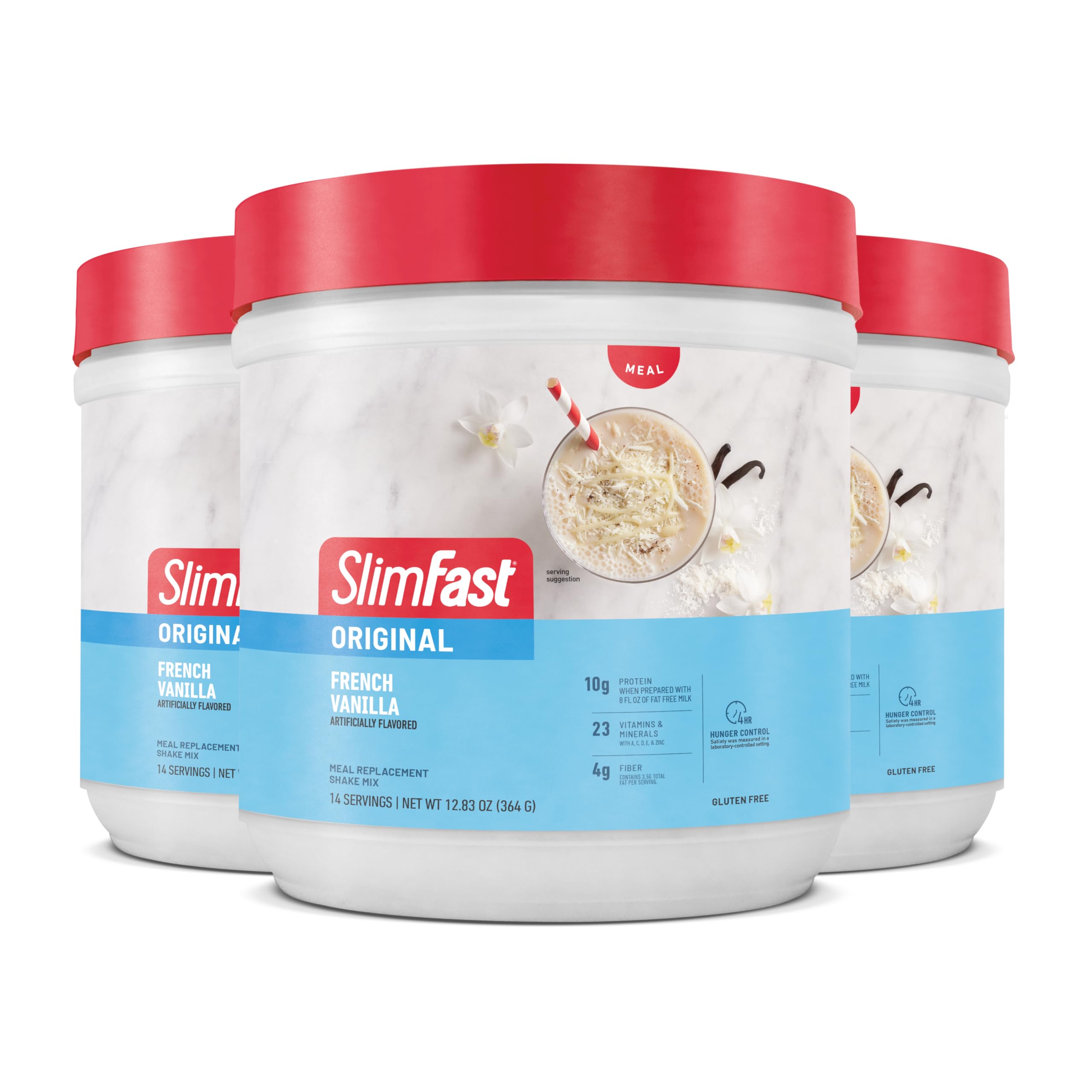 SlimFast Original French Vanilla tub shown as a convenient meal replacement option