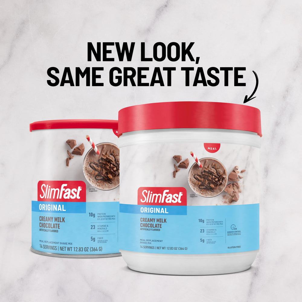 SlimFast Original Milk Chocolate label highlights 24 vitamins and minerals per serving.