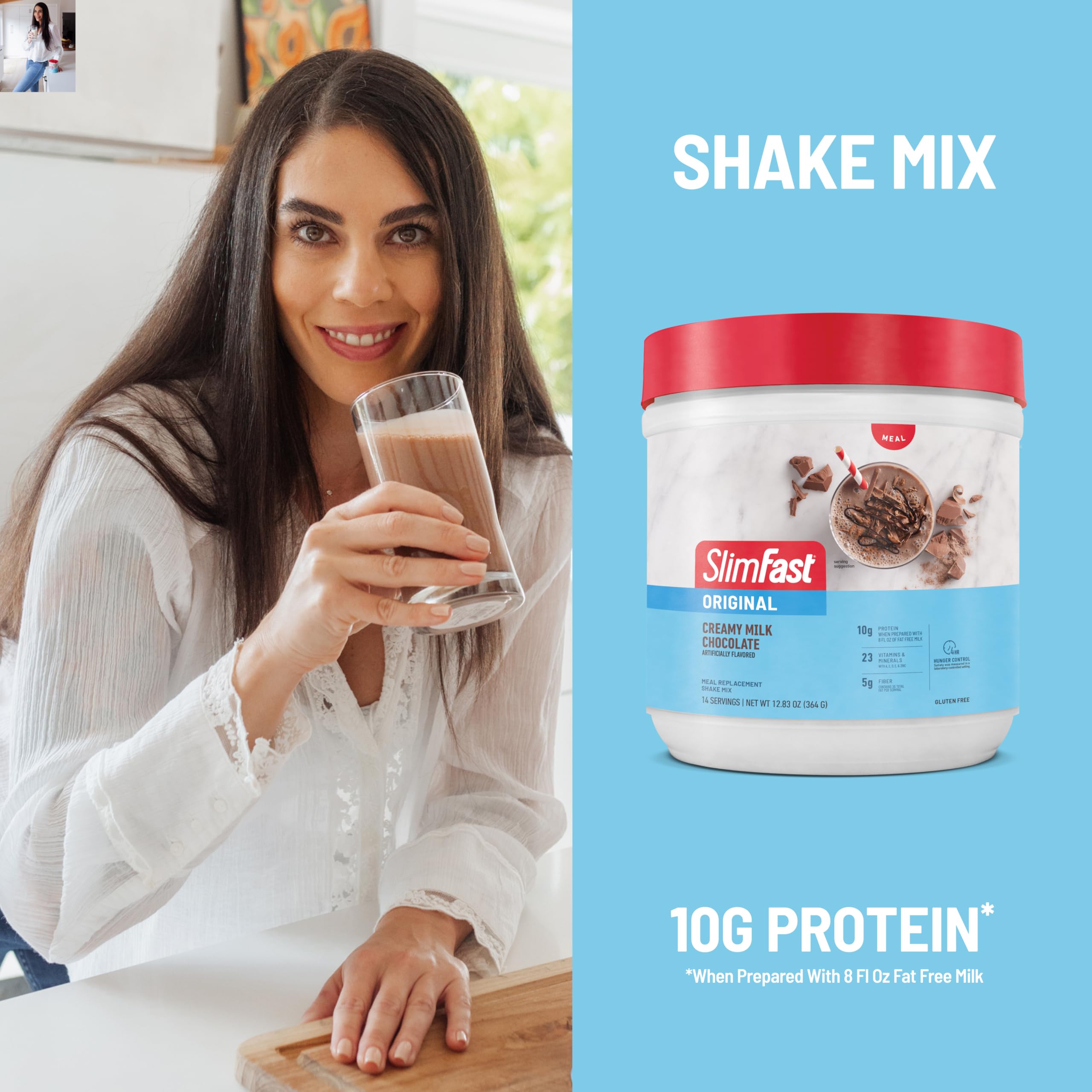 SlimFast Original Milk Chocolate shake being poured into a glass.