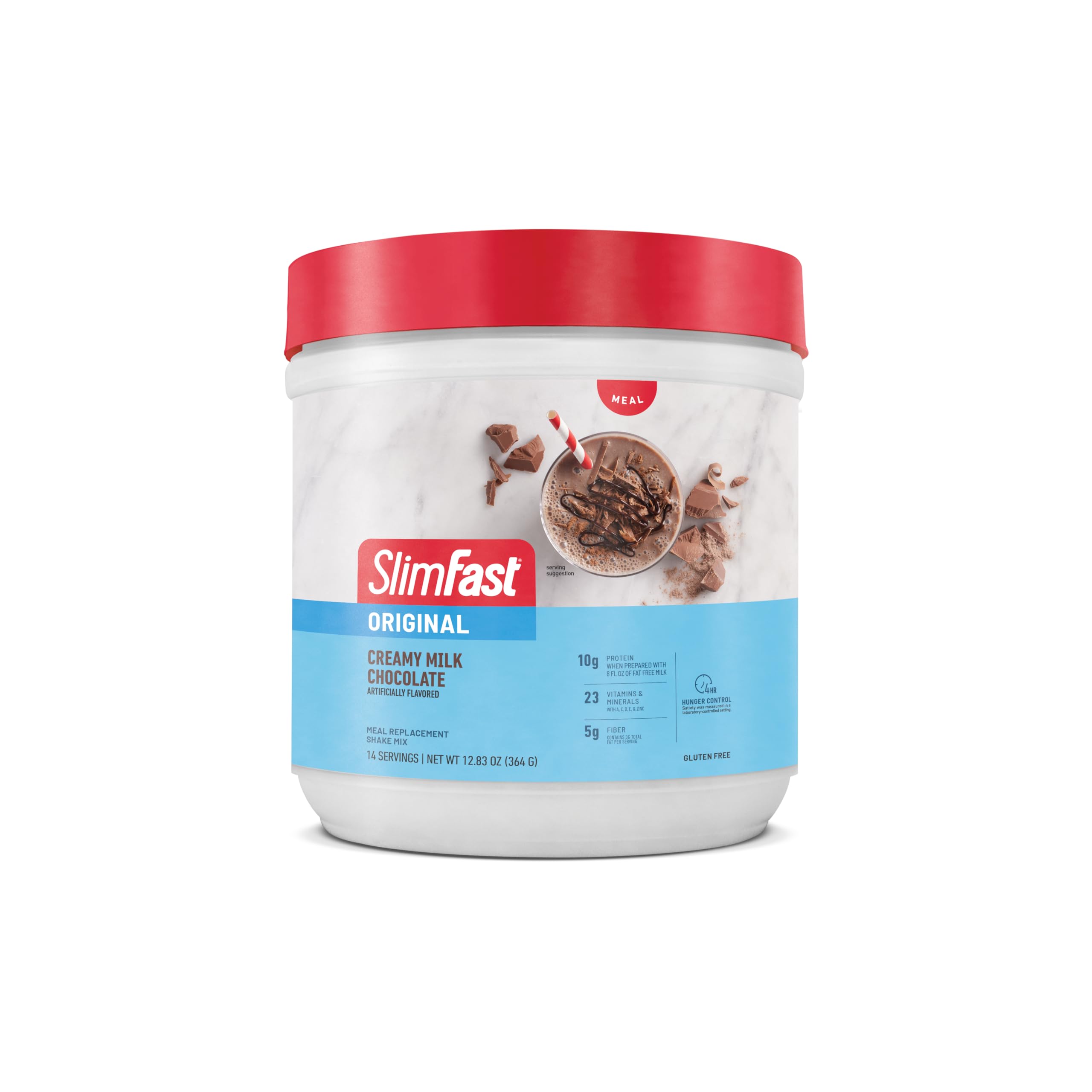 Creamy SlimFast shake ready to drink from a frosty glass.