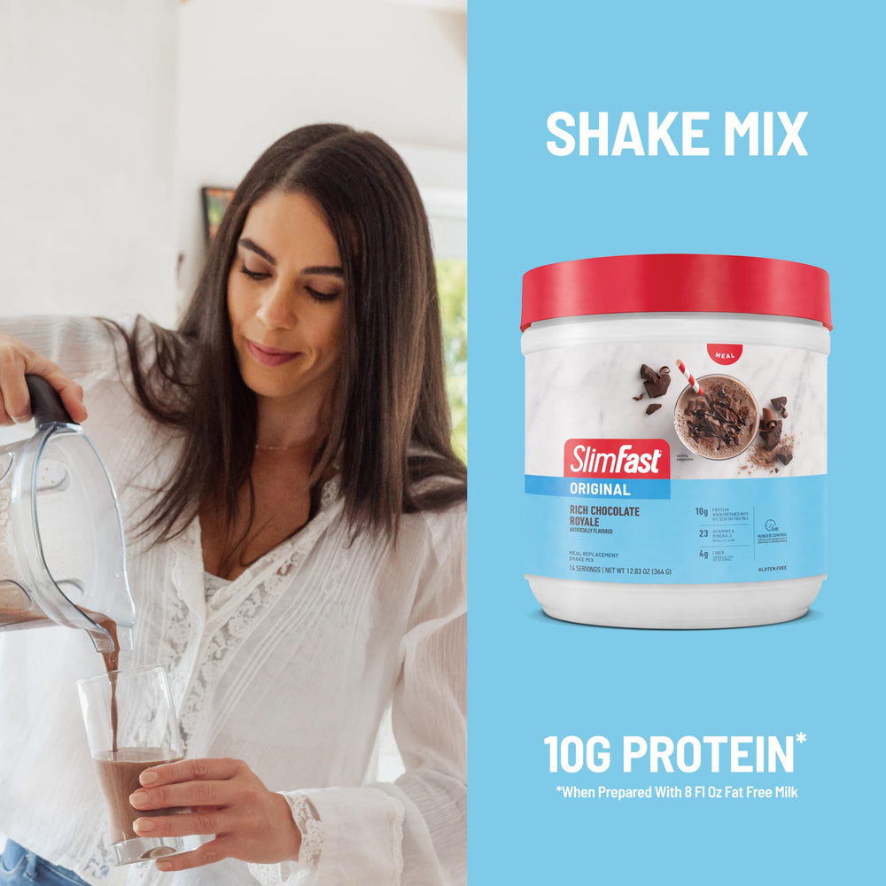 Nutrition label on SlimFast Original Rich Chocolate Royale highlighting vitamins and minerals.