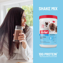 SlimFast Original Rich Chocolate Royale nutrition facts label emphasizes gluten-free formula and 4g fiber.