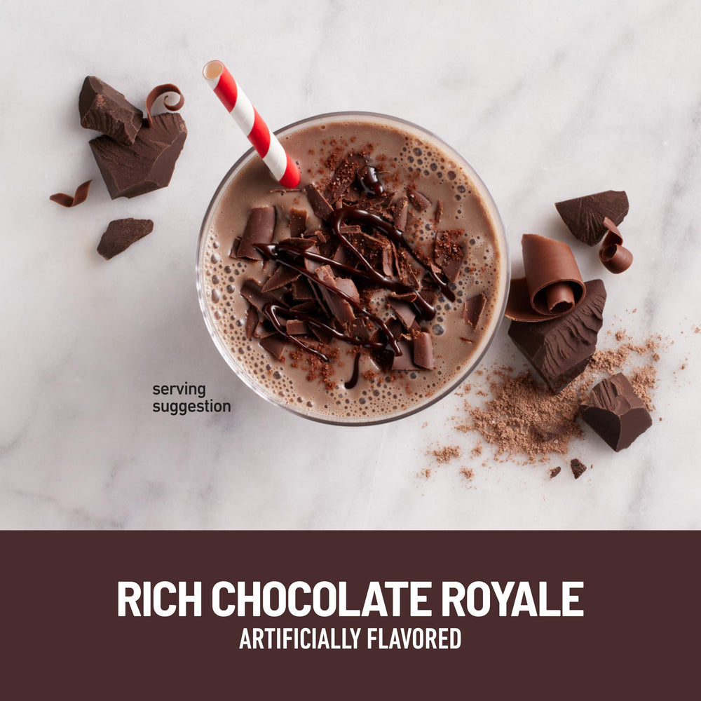 SlimFast Original Rich Chocolate Royale scoop shows convenient 10g protein for quick, satisfying shakes.