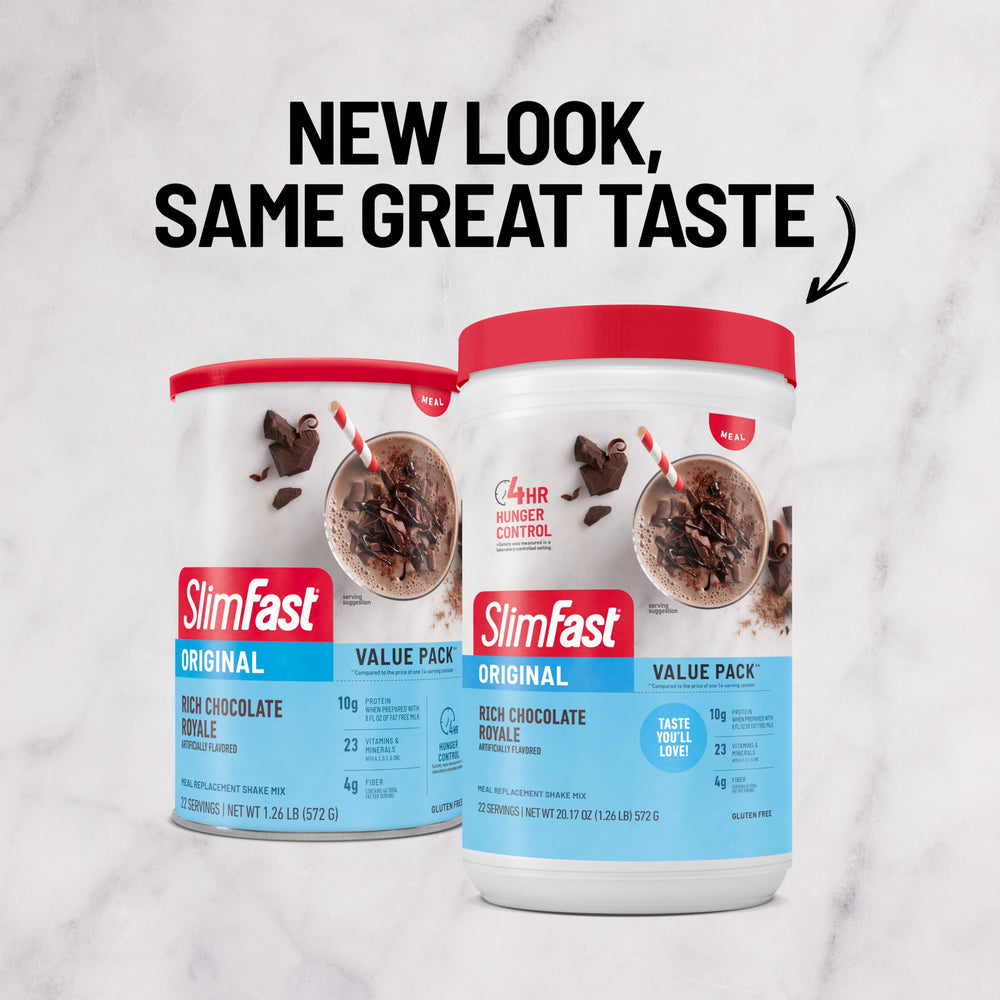 SlimFast Original Rich Chocolate Royale shake jar shows gluten-free texture ideal for gluten-sensitive.