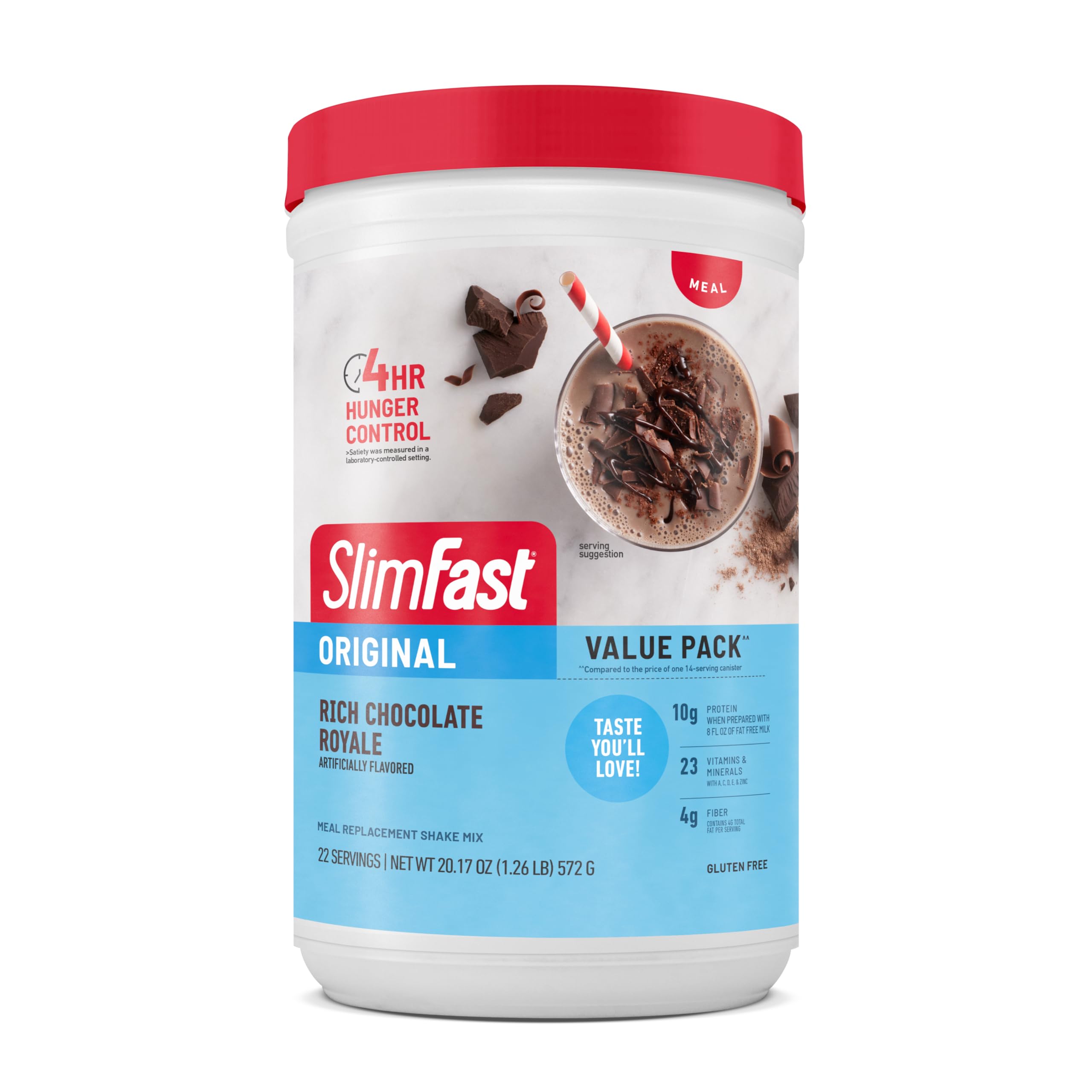 SlimFast Original Rich Chocolate Royale tub with nutrition facts for balanced nutrition and 10g protein per serving.