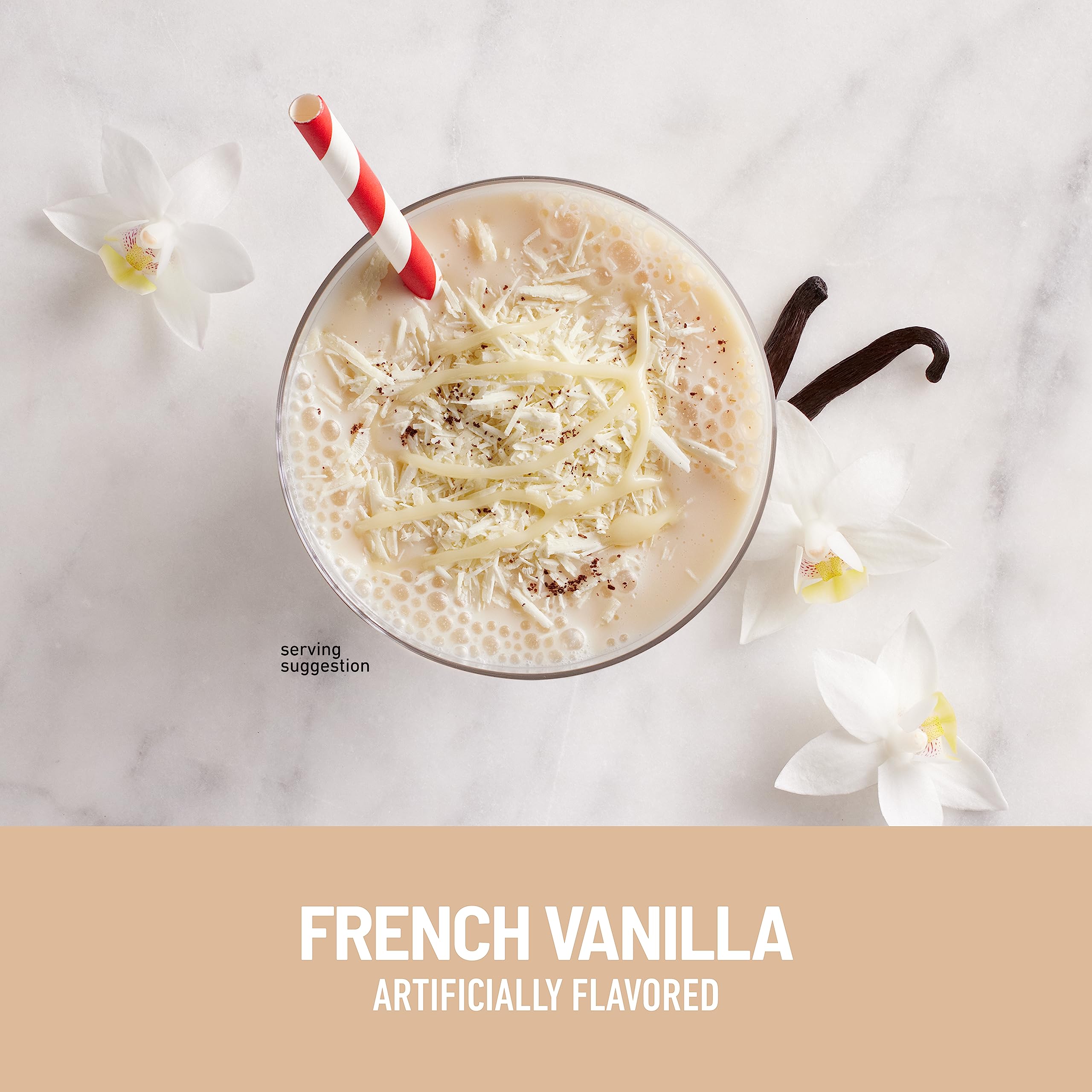 Glass of vanilla SlimFast shake highlighting 10g protein content