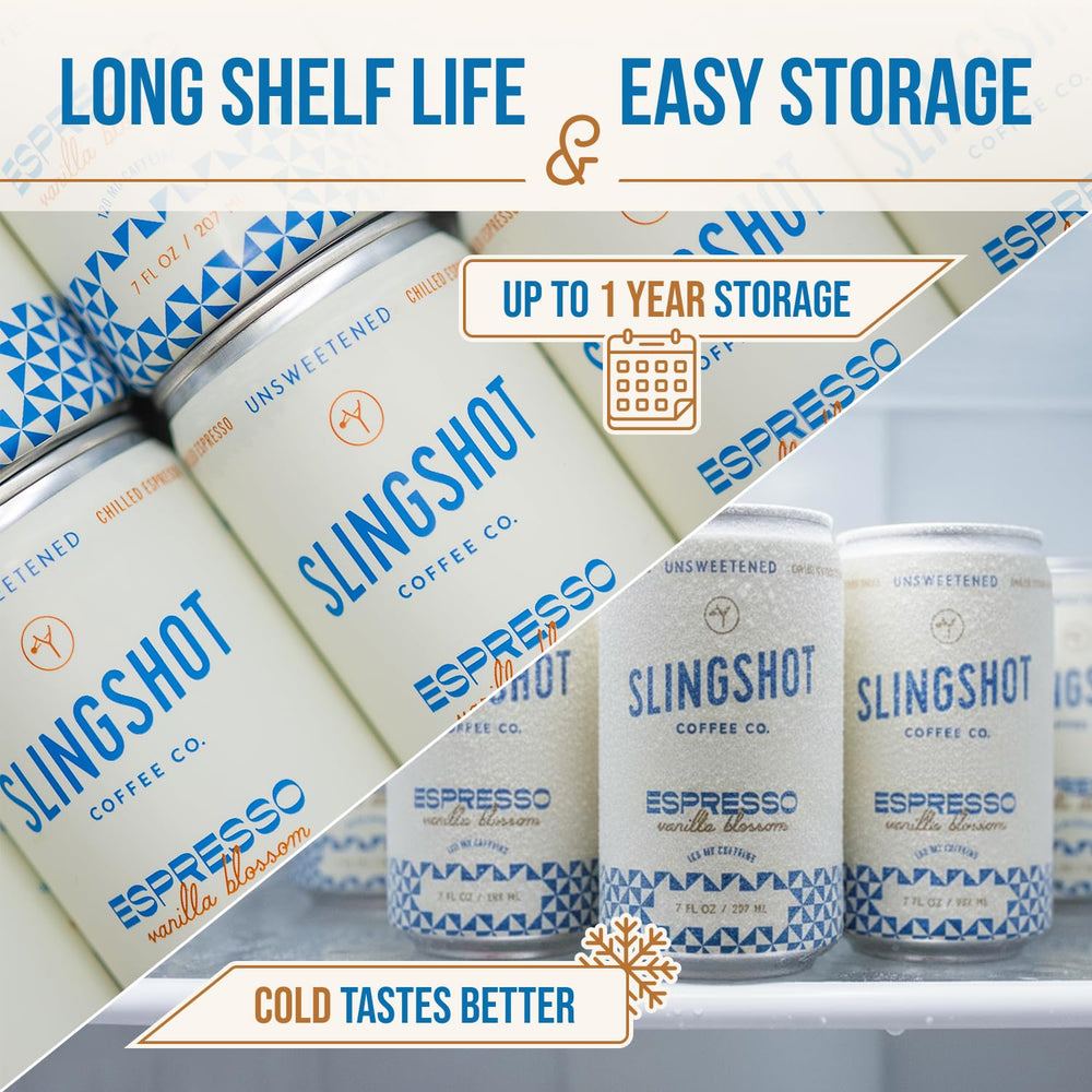 Slingshot Coffee 7oz can in fridge ready to enjoy.