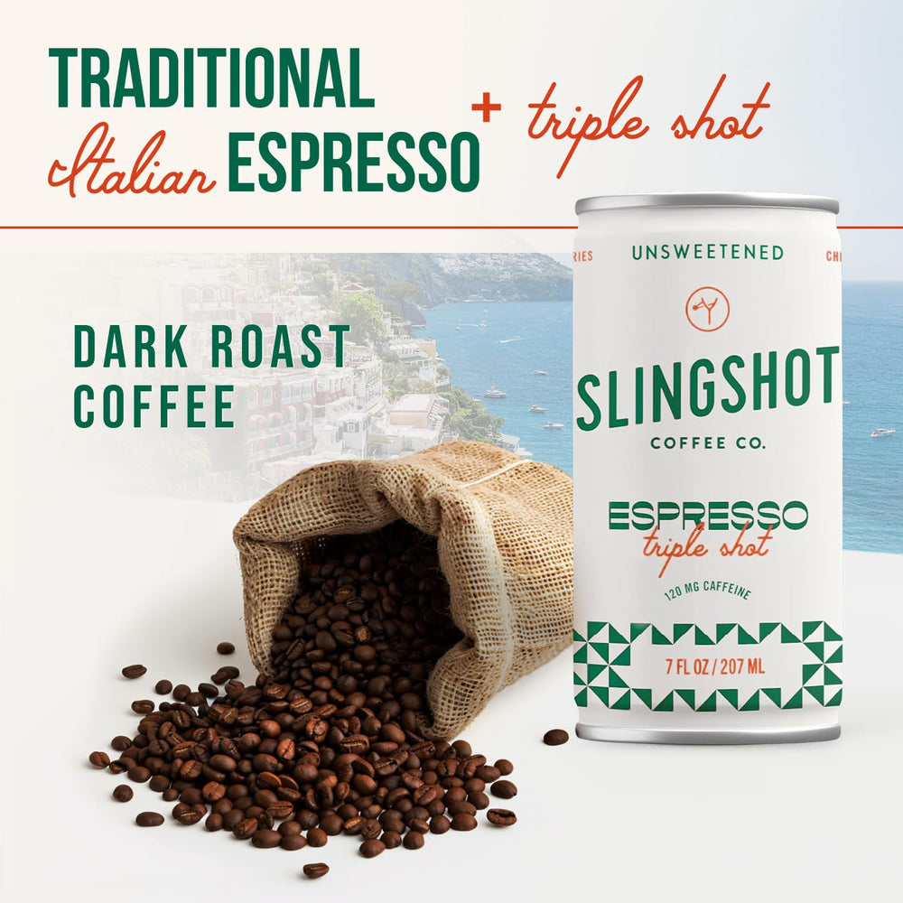 Slingshot Coffee organic Italian espresso blend can highlights caramel and spice notes.