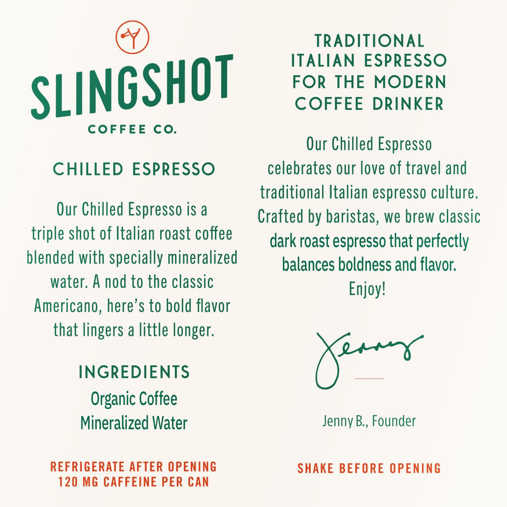 Slingshot Coffee silky crema and caramel notes in a chilled can.